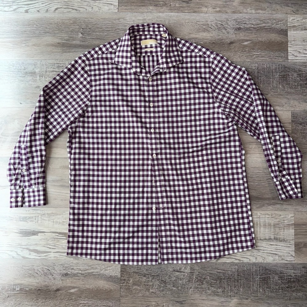 Michael Kors Long Sleeve Shirt Mens 17 32/33 Button Up Collared Checkered Purple